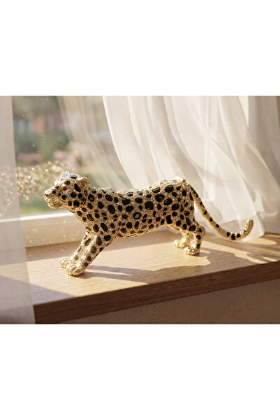 Kristal Taş İşlemeli Altın Renk Leopar Biblo – 24x8 cm Çinko Dekoratif Obje