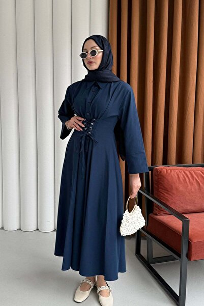 Modaensarbutik Önden Bağçıklı Korsaj Detay Gömlek Elbise-LACİVERT