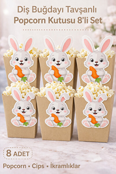Parti Konsepti Diş Buğdayı Tavşanlı Popcorn Kutusu 8’li Set Renk Seçenekli İk...