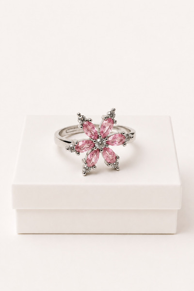 MakeWell Pembe ve Mor Zirkon Taşlı Çiçek Model Ayarlanabilir Yüzük – Silver v...