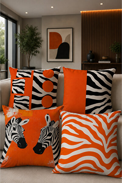stellahomes Turuncu Zebra Desenli Dekoratif Kırlent Kılıfı Modern Salon Koltu...