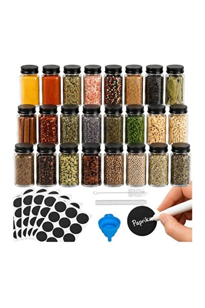 Ruhhy Set of 24 120ml Glass Spice Containers, Black Color, 2in1 Leakproof Lid...