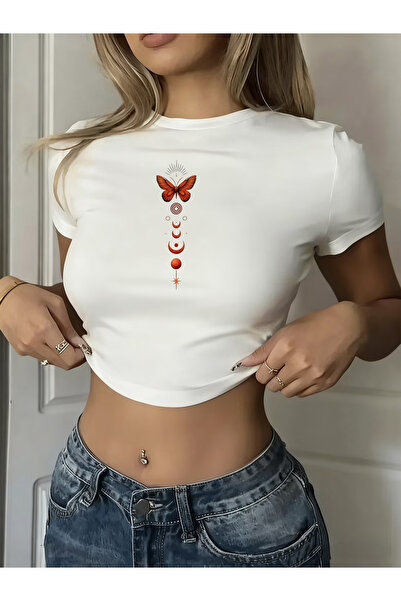 Ciel Lune Women's Crop Baby Tee Butterfly Printed Slim Fit 100% Cotton Y2K Ae...