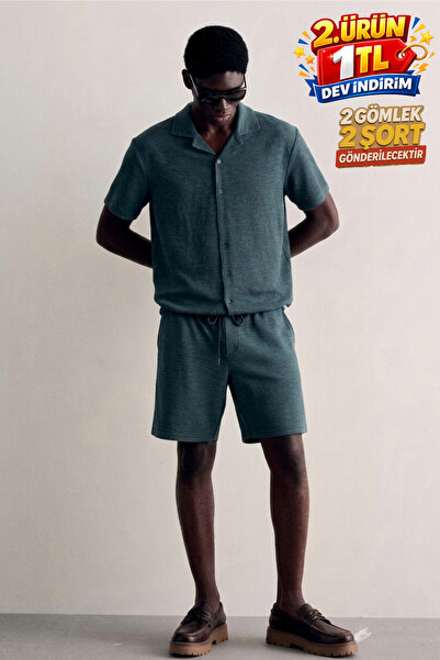 DAMGA JEANS Men's Summer Linen Shirt Elastic Waist Shorts Khaki Two-Piece Set