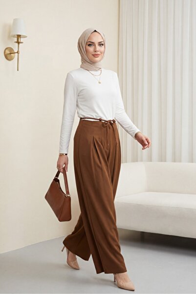 Modamorfo Lace-Up Pleated Wide-Leg Imported Crepe Trousers - Brown