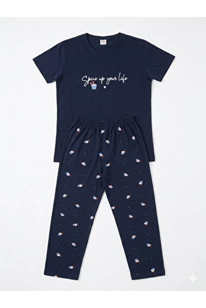 Shine Elagance Navy Blue Black Short-Sleeved Top and Long Bottom Milan Fabric...