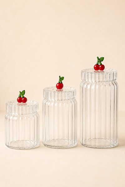 MİS KİTCHEN Borosilicate Glass Jar Set of 3 with Cherry Lids, Slotted Transpa...