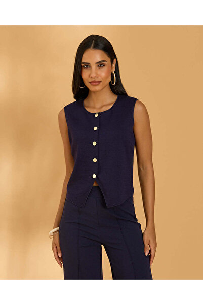 REDTAG Women Navy threadbare ribbed knitted waistcoat with Gold Buttons
