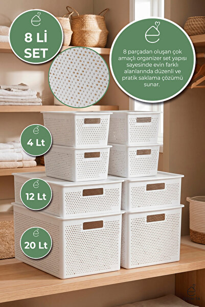 EVONİTA 8 li Kapaklı Saklama Kutusu Seti 20 LT 12 LT 4 LT Çok Amaçlı Organize...