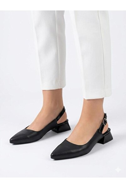 Lütfi Women's Black Thick Heel Comfortable Fit Heeled Ballerina Shoes