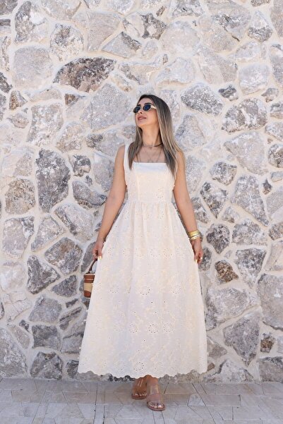 bytugcekaya Light Yellow Strappy Embroidered Dress