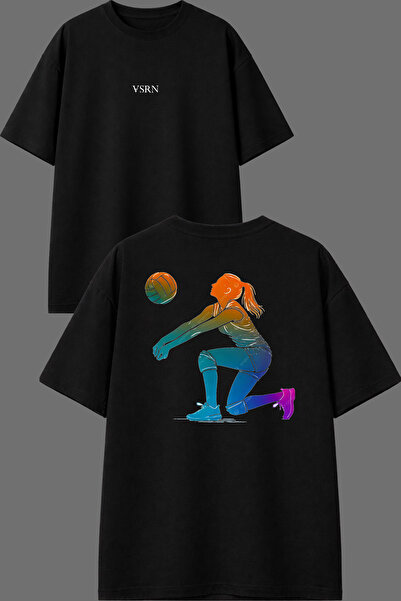 VSRN Voleybolcu 120 Tasarım Ön Arka Baskılı Siyah Oversize T shirt