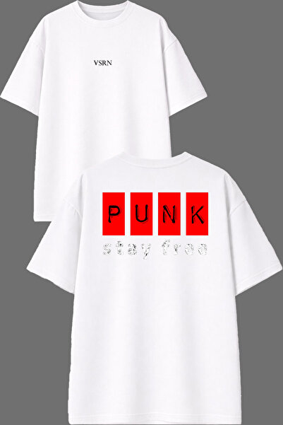 VSRN Μπλουζάκι Punk Stay Design με στάμπα μπροστά και πίσω, λευκό, oversized