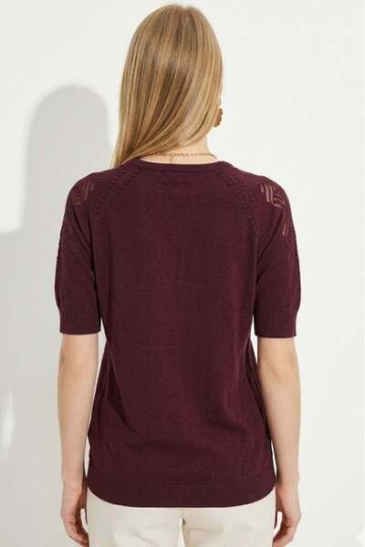 Irmak Kerekli Women's Crew Neck Short Sleeve Openwork Detailed Knitwear Blouse 1550 Plum