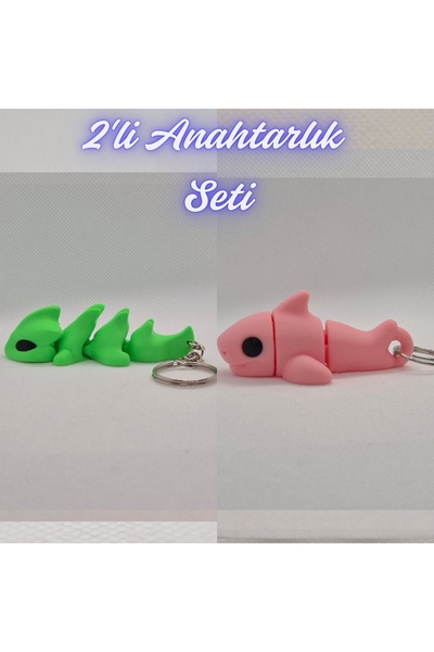 3DAtölyeMaker Green Flexible Dragon and Light Pink Flexible Shark Keychain