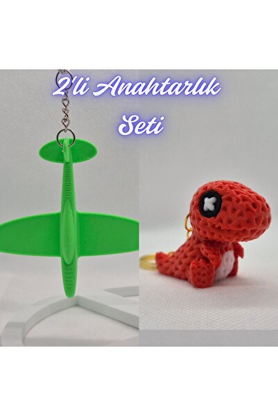 3DAtölyeMaker Green Airplane and Red Knitted Pattern Moving Dino Keychain