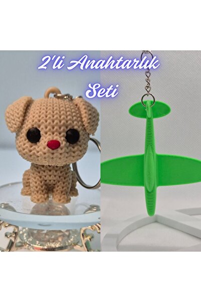 3DAtölyeMaker Cream Knitted Patterned Dog and Green Airplane Keychain