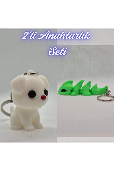 3DAtölyeMaker White Knitted Patterned Dog and Green Flexible Dragon Keychain