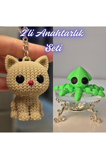 3DAtölyeMaker Cream Knitted Patterned Cat and Light Green Squid Keychain