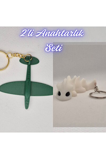 3DAtölyeMaker Dark Green Airplane and White Flexible Dragon Keychain