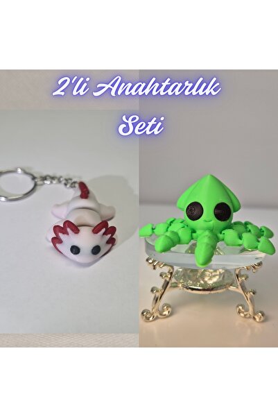 3DAtölyeMaker Light Pink Flexible Axolotl and Light Green Squid Keychain