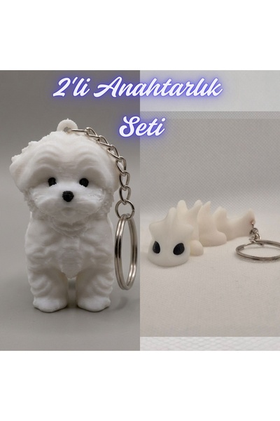3DAtölyeMaker White Maltese Terrier and White Flexible Dragon Keychain