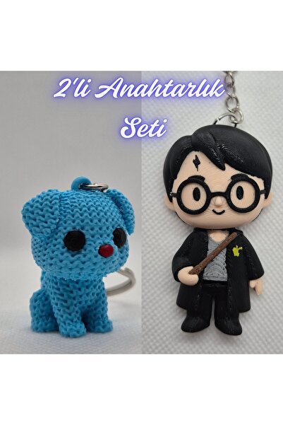 3DAtölyeMaker Light Blue Knitted Patterned Dog and Black Harry Potter Keychain