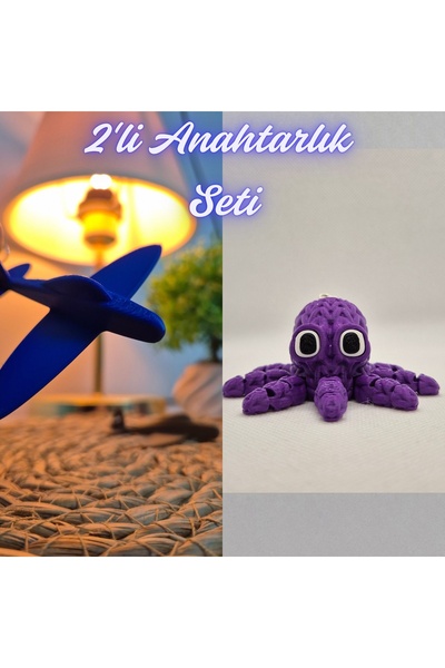 3DAtölyeMaker Blue Airplane and Purple Knitted Pattern Octopus Keychain
