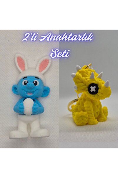 3DAtölyeMaker Light Blue Smurfs and Yellow Knitted Pattern Triceratops Keychain
