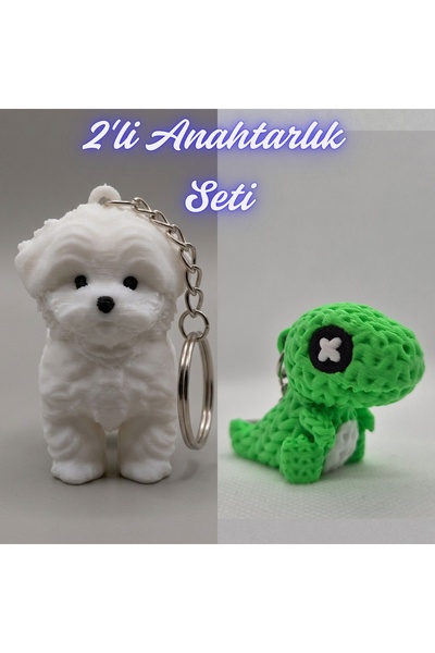 3DAtölyeMaker White Maltese Terrier and Green Knitted Pattern Moving Dino Key...