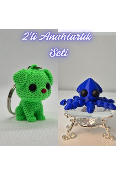 3DAtölyeMaker Light Green Knitted Patterned Dog and Blue Squid Keychain