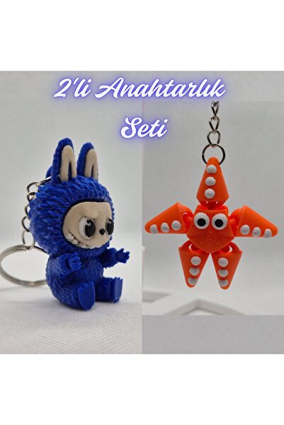 3DAtölyeMaker Blue Labubu and Orange Moving Starfish Keychain