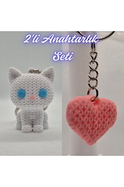 3DAtölyeMaker White Knitted Patterned Cat and Light Pink Knitted Patterned He...