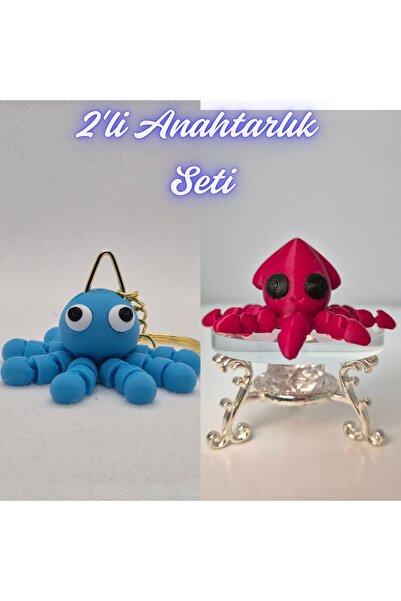 3DAtölyeMaker Light Blue Confused Octopus and Fire Red Squid Keychain