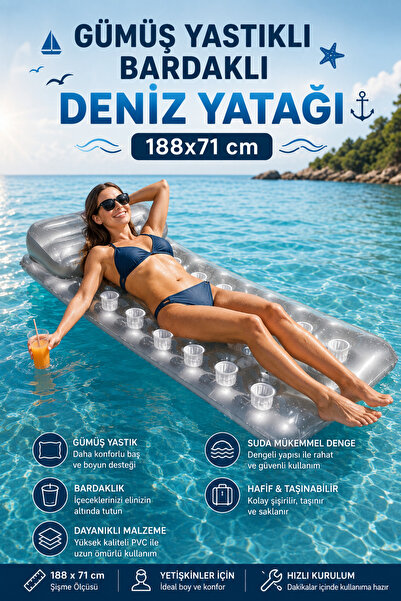 craftivio Gümüş Renk Yastıklı ve Bardaklıklı Şişme Deniz Yatağı Havuz Yatağı ...