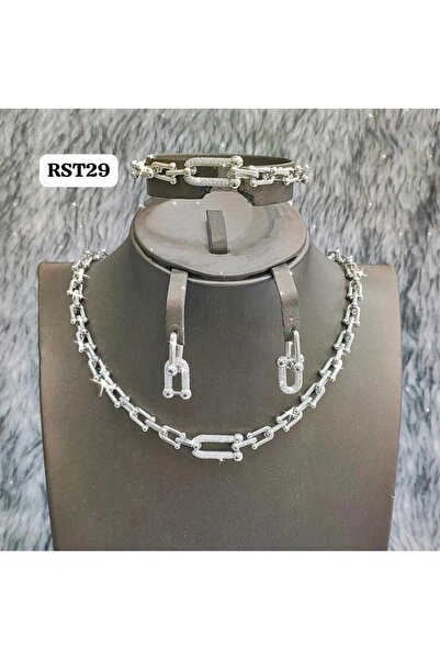 Generic Silver Crystal Embellished Necklace with Earrings and Bracelet