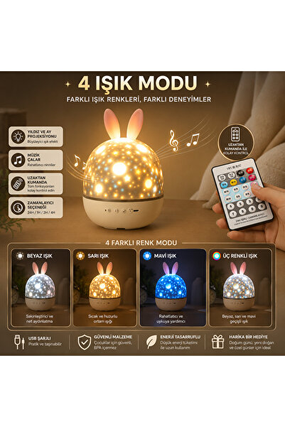 ADAEVDE 21 Filmli 8 Müzikli Projektör Gece Lambası Uzaktan Kumandalı Şarjlı Ç...