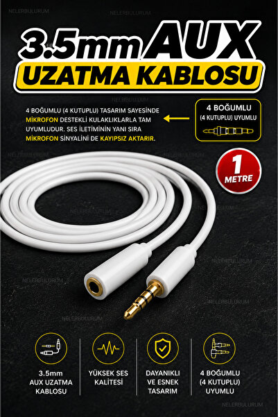 nelerbulurum 1 Metre 3.5mm Erkek-Dişi Ses Kulaklık Uzatma Kablosu 4 Boğumlu T...