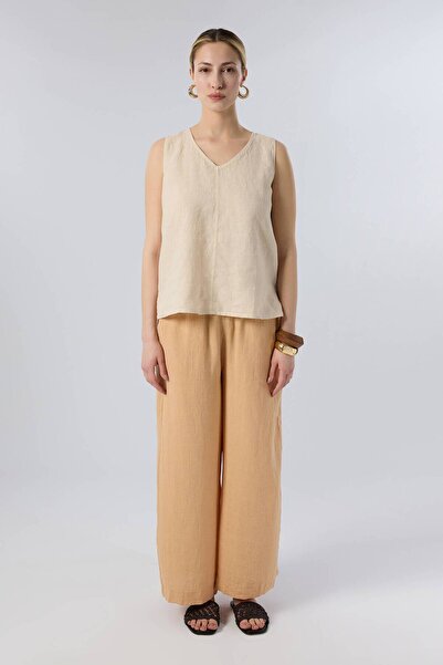İpekçi Otantik Raw Linen Women's Palazzo Trousers Clay Beige