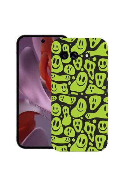 bestcase Калъф за Google Pixel 9a, Зелен  "Acid Smiley ", Тънък силиконов 0.8...