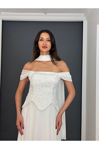 gökkuşagı moda Beyaz Askılı Straplez Bel Korsajlı Üst Krep Taşlı Alt Şifon Uz...