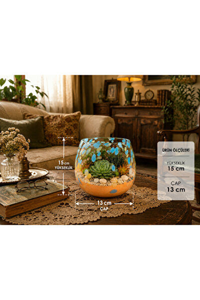 GATO SHOP Üfleme Cam Teraryum Saksı Seti Turuncu Mavi Benekli Dekoratif Cam K...