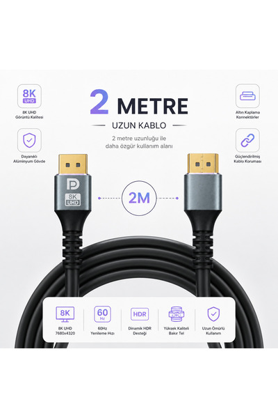 Coverzone كابل DisplayPort DP بطول 2 متر، 8K UHD 60 هرتز، 4K 144 هرتز، كابل ص...