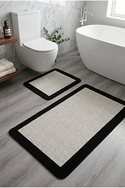Myevilla Sisal Vektör Kaymaz Tabanlı Kolay Silinebilir 2li Siyah Beyaz Banyo Paspas Seti 60x100-50x60