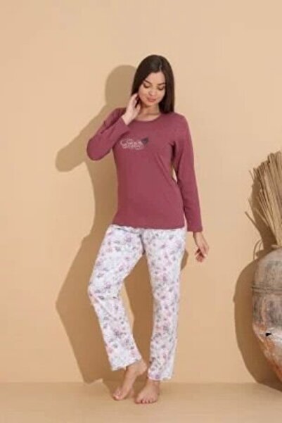 Serena Pijama damă grena „PARIS” cu pantaloni lungi floral – 100% bumbac