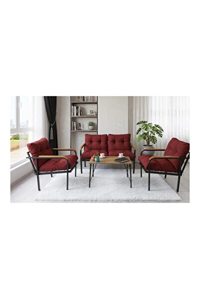 Sofmina Bordo Metal Bahçe Balkon Oturma Grubu - Loft Tarzı Koltuk ve Sehpa Seti