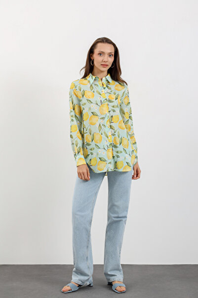 sinamark Mint Limon Desenli Oversize Kadın Gömlek