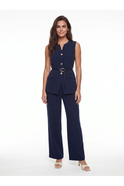ONLOOX Navy Blue Cotton Blend Wide-Leg Trousers with Belt Detail, Buttoned Li...