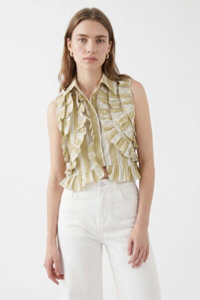 Jusenmia Striped Ruffle Shirt Green