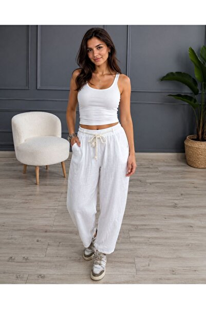 AGORATEKSTİL Women's Cotton Linen Fabric Lace-Up Double Pocket Trousers 44-48